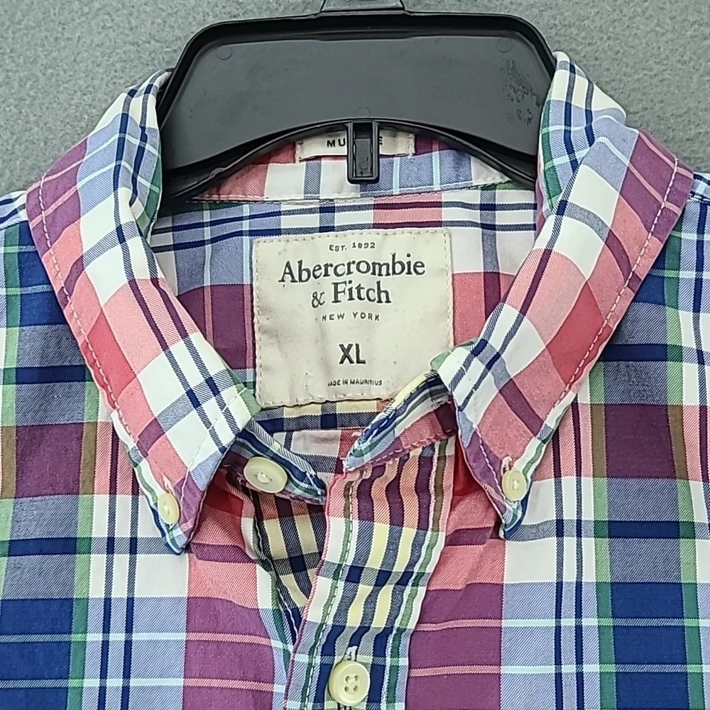 ABERCROMBIE & FITCH Boys Button Down Short Sleeve Red Blue Plaid Shirt - Size XL
